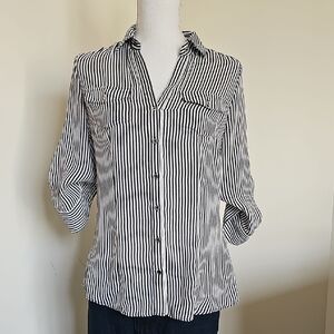 WHBM Black and White Striped Button-Up Blouse